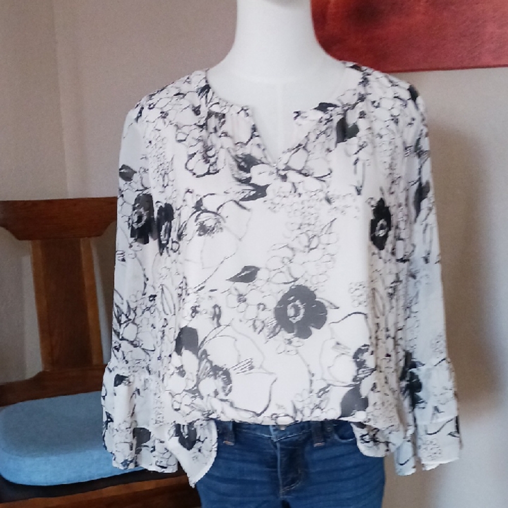 Talbots Black and White Floral Blouse